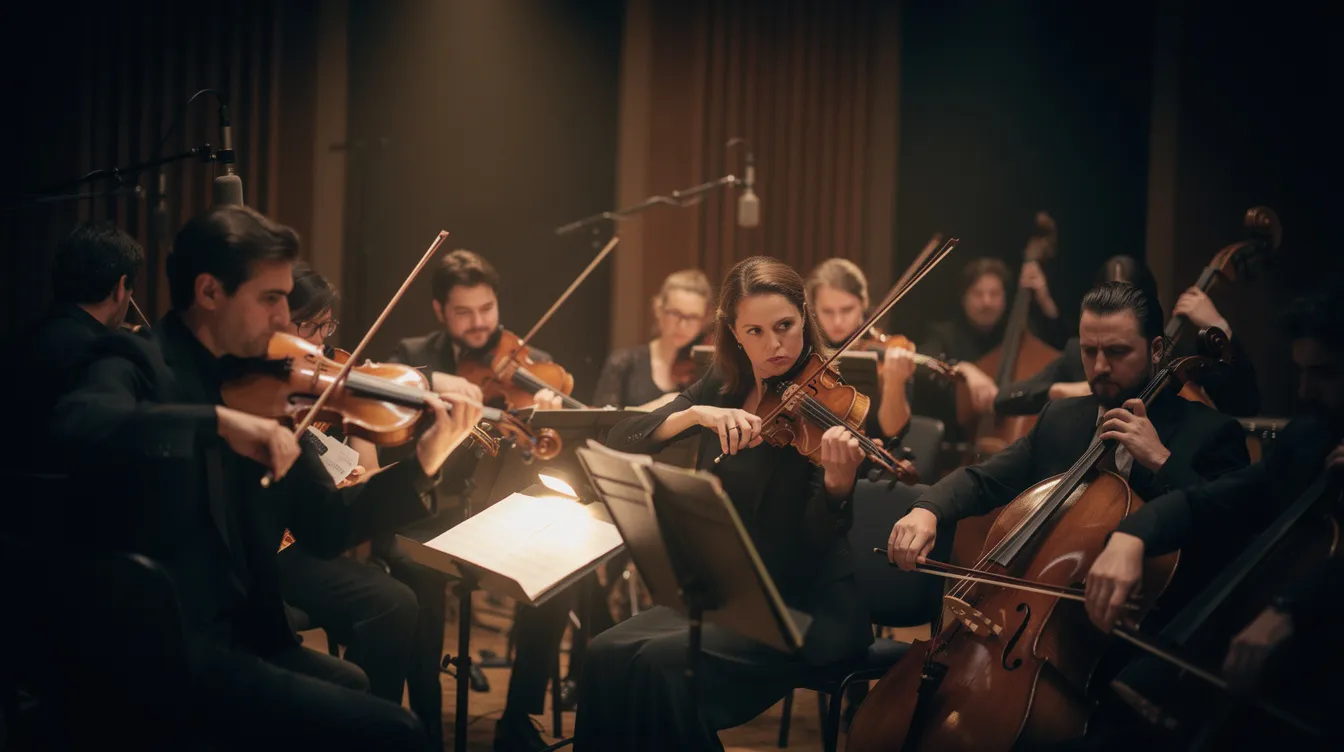 In einem dunkel beleuchteten Aufnahmestudio konzentrieren sich Orchestermusiker mit Geigen und Celli auf ihre Partituren, während sie die Bedeutung der Musik und die Interpretation der Melodien erforschen. Die Atmosphäre ist geprägt von intensiven Gefühlen und der Suche nach dem perfekten Ausdruck der musikalischen Werke.