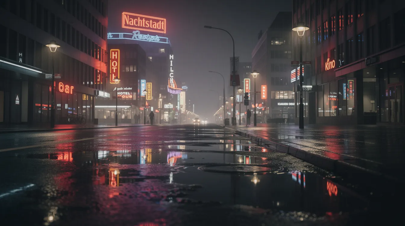 Eine nächtliche Großstadtstraße mit einer regennassen Fahrbahn, die das Licht von Neonreklamen und Straßenlaternen reflektiert. Einzelne Lichtkegel fallen auf den Bürgersteig und schaffen eine stimmungsvolle Atmosphäre, die an die filmischen Darstellungen in „Spotlight“ erinnert.