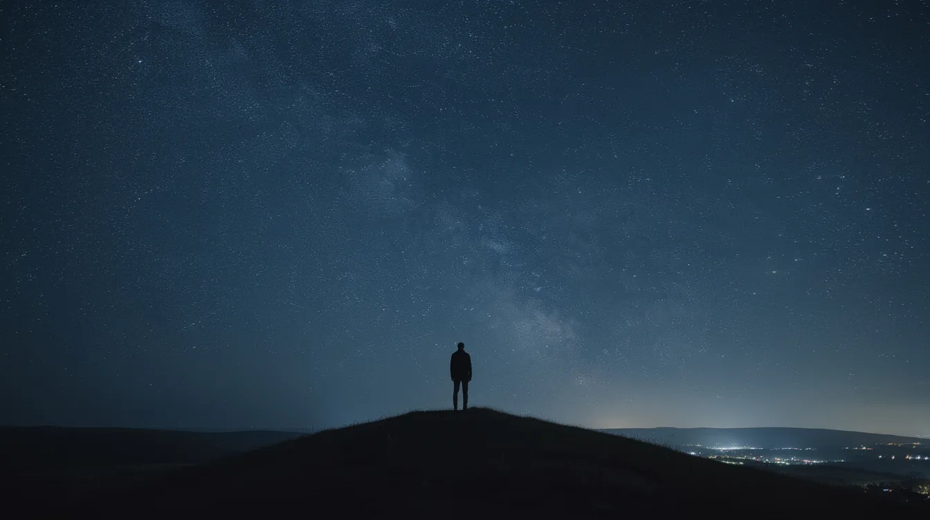 Die Silhouette einer einzelnen Person steht auf einem Hügel und blickt in einen weiten, dunklen Sternenhimmel, was an die mysteriösen Themen von "Donnie Darko" erinnert. Der Anblick vermittelt ein Gefühl von Einsamkeit und der Suche nach Antworten im Universum.