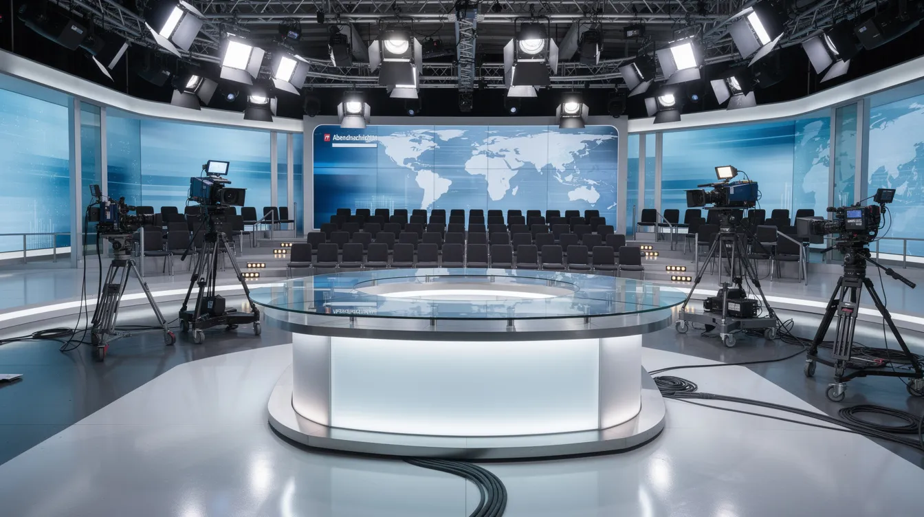 Das Bild zeigt ein beleuchtetes Fernsehstudio mit mehreren Scheinwerfern und Kameras, während ein Moderatorenpult im Vordergrund steht. Der Publikumsbereich ist leer, was auf eine bevorstehende Aufnahme oder eine Live-Sendung hindeutet, die für die Verbreitung von Medieninhalten und Nachrichten vorbereitet wird.
