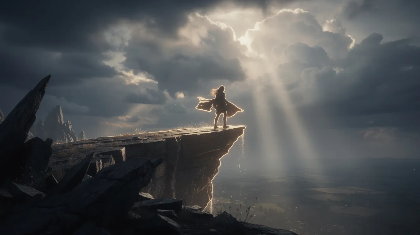 Eine dramatische Szene zeigt einen Protagonisten, der am Rand einer Klippe steht, während stürmische Wolken den Himmel verdunkeln und ein intensives Licht die Atmosphäre prägt. Diese Momentaufnahme könnte als entscheidender Punkt in deiner Geschichte dienen, wo die Grenzen zwischen Gefahr und Entschlossenheit verschwimmen.