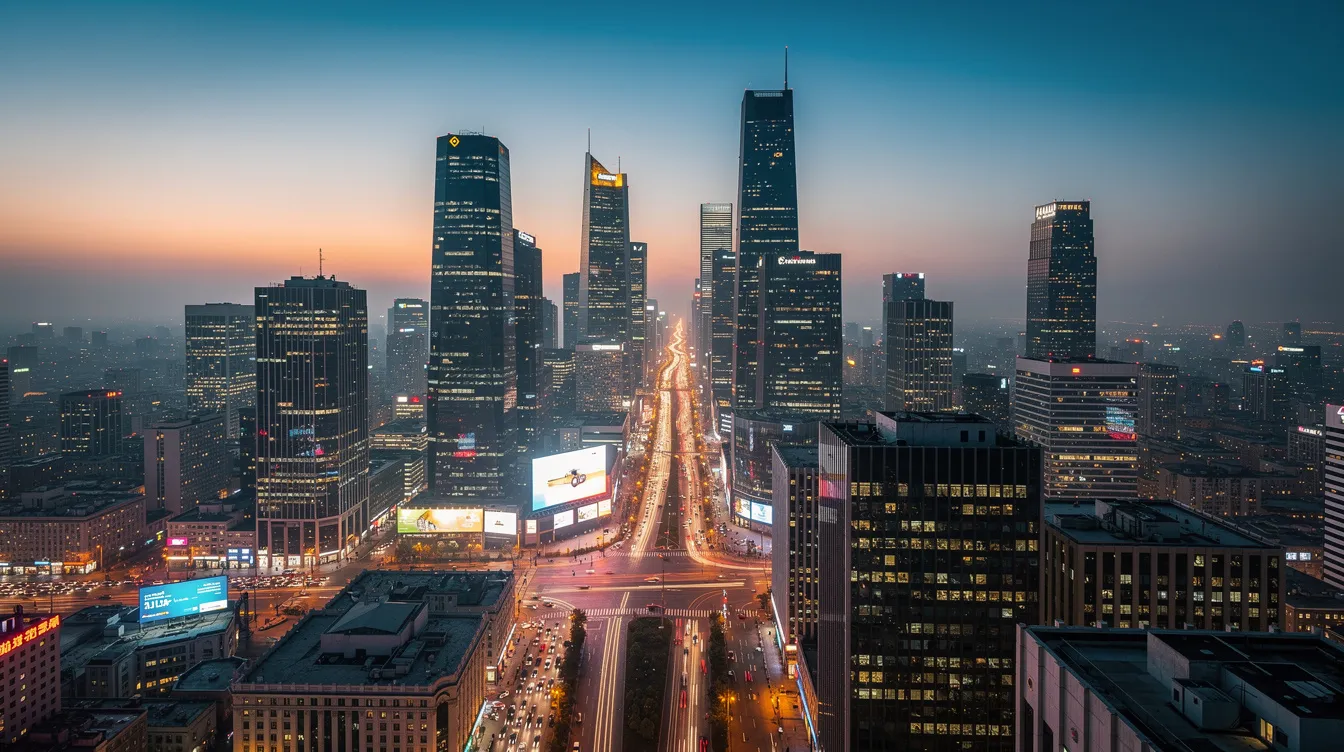 Eine weite Stadtansicht von Mexiko-Stadt bei Dämmerung zeigt Straßenlichter, die in der Ferne verschwinden. Das Bild vermittelt eine Atmosphäre, in der warmes und kühles Licht harmonisch nebeneinander existiert und die Geschichten der Stadt widerspiegelt.