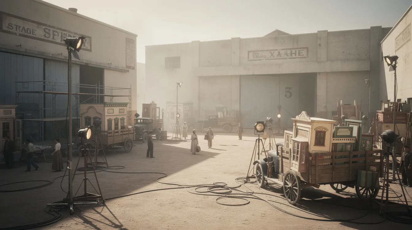 Das Bild zeigt ein historisches Filmstudio-Gelände aus den 1930er-Jahren, mit großen Studiogebäuden, Kulissenwagen und Scheinwerfern, die auf das Freigelände gerichtet sind. Diese Kulisse erinnert an die magische Welt des „Zauberer von Oz“, in der Abenteuer und Musik eine zentrale Rolle spielen.