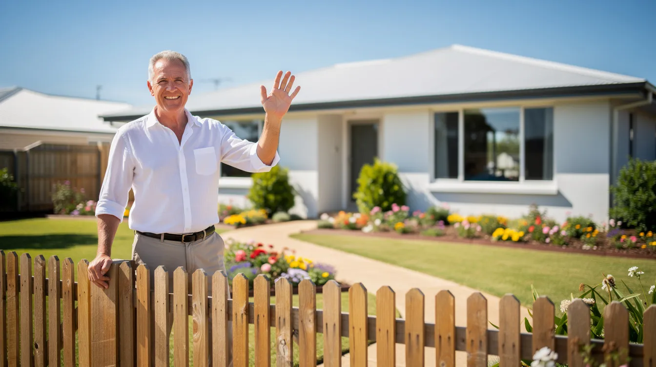 Ein freundlicher Mann mittleren Alters winkt über einen Gartenzaun, während im Hintergrund sein gepflegtes Vororthaus zu sehen ist, umgeben von strahlendem Sonnenschein. Die Szenerie strahlt eine einladende Nachbarschaftsatmosphäre aus, die an die Charaktere aus beliebten Fernsehsendungen erinnert.