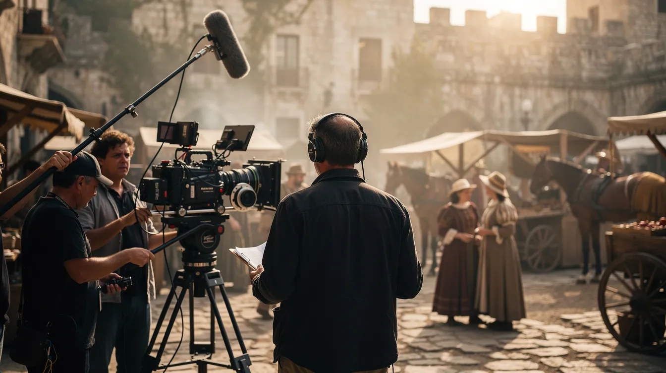 Ein Filmregisseur, von hinten gesehen, steht am Set und leitet das Kamerateam, während im Hintergrund eine historische Kulisse zu sehen ist, die an die Zeit der Sklaverei erinnert. Diese Szene könnte an Werke wie "12 Years a Slave" von Steve McQueen erinnern, die die dramatische Geschichte von Solomon Northup erzählt.