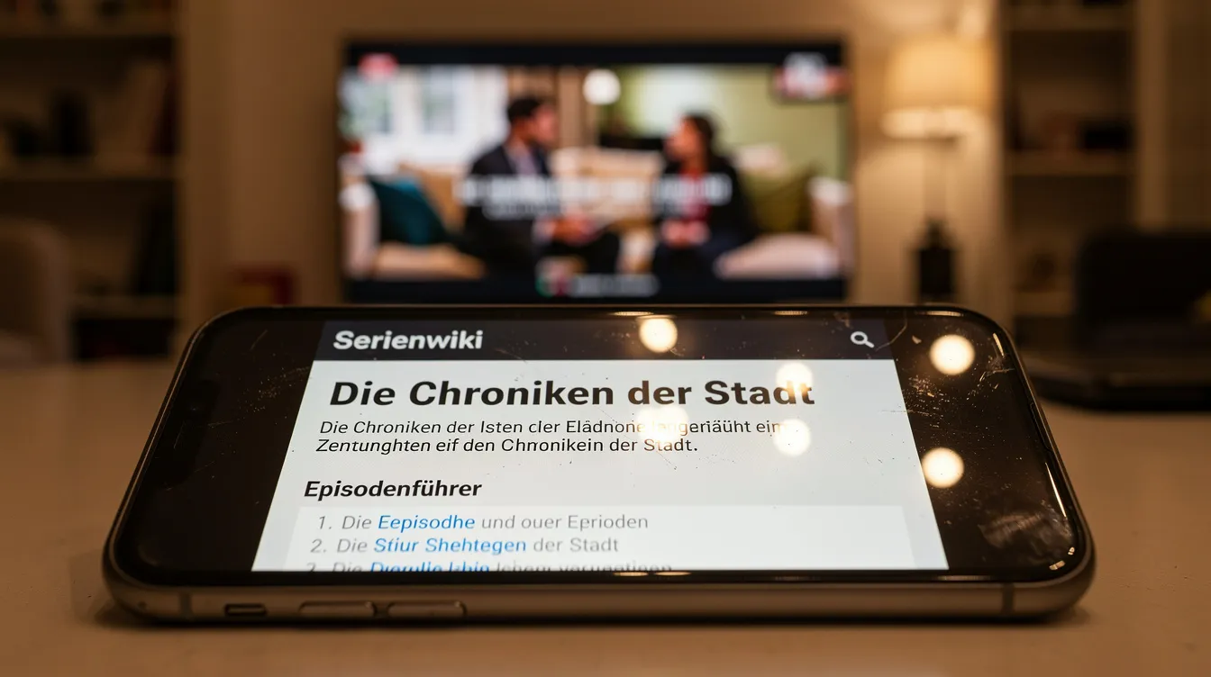 Eine Nahaufnahme eines Smartphones zeigt ein Serienwiki auf dem Display, während im Hintergrund ein Fernseher mit einer Szene aus einer Fernsehsendung verschwommen zu sehen ist. Diese Darstellung verdeutlicht die Nutzung von Second Screen, bei der Zuschauer Informationen und Inhalte parallel zum Fernsehen auf ihren Geräten abrufen.