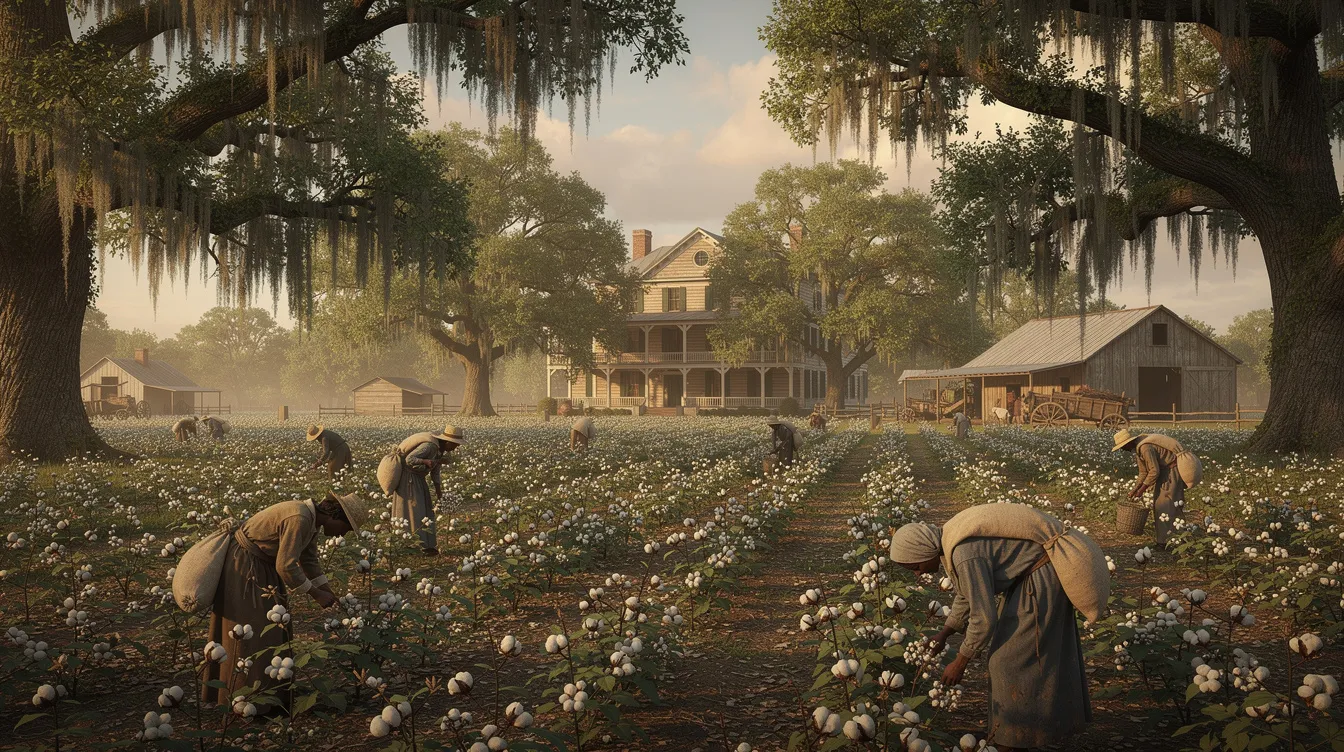 Die weitläufige Aufnahme einer historischen Plantage in Louisiana zeigt Baumwollfelder, majestätische Eichen mit spanischem Moos und Arbeiter in Kleidung des 19. Jahrhunderts, die an die dramatische Geschichte der Sklaverei erinnern, wie sie in Filmen wie "12 Years a Slave" dargestellt wird. Diese Szenerie vermittelt ein Gefühl von Vergangenheit und dem Kampf um Freiheit und Würde.