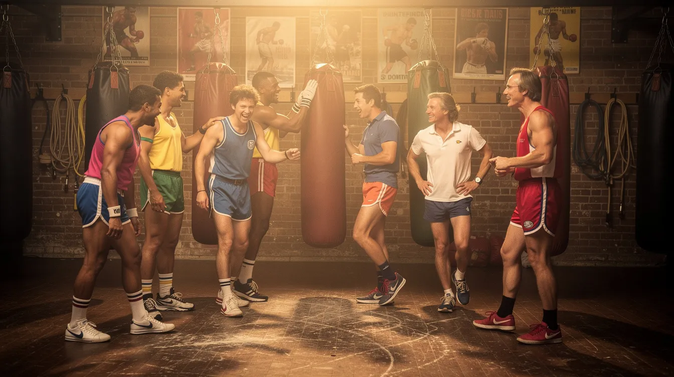 Eine Gruppe von Schauspielern in Sportkleidung steht in einem Boxtrainingsraum der 1980er Jahre, umgeben von Boxsäcken und Seilen, während warmes Licht die Szene beleuchtet. Diese Darstellung erinnert an den Film "Rocky III", in dem Sylvester Stallone als Rocky Balboa und Mr. T als Clubber Lang auftreten.