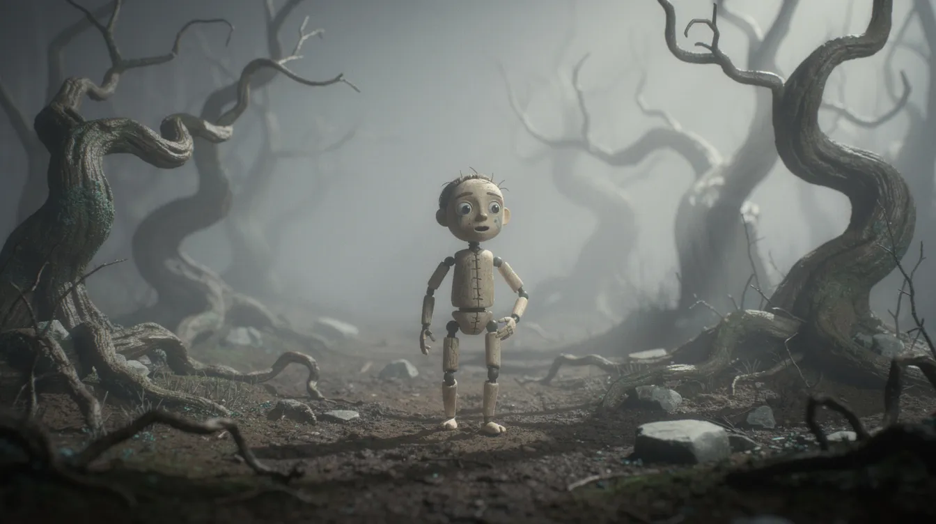 Die düstere Stop-Motion-Szenerie zeigt eine kleine Puppenfigur, die in einer nebligen, surrealen Landschaft mit verdrehten Bäumen umherwandert. Diese Atmosphäre erinnert an die besten Animationsfilme und erzählt eine geheimnisvolle Geschichte voller Abenteuer und Fantasie.
