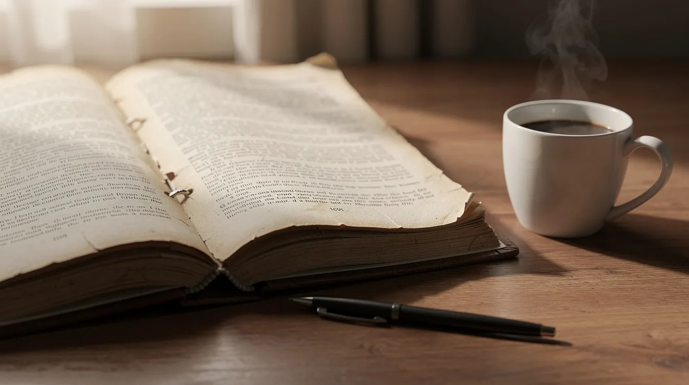 Auf einem Schreibtisch liegt ein dicker, aufgeschlagener Ordner mit Skriptseiten, neben einer dampfenden Kaffeetasse und einem Stift. Diese Szene könnte an die kreativen Prozesse der Autoren erinnern, die an beliebten Sitcoms wie "Happy Days" arbeiten, wo Charaktere wie Richie Cunningham und sein älterer Bruder Chuck oft im Mittelpunkt stehen.