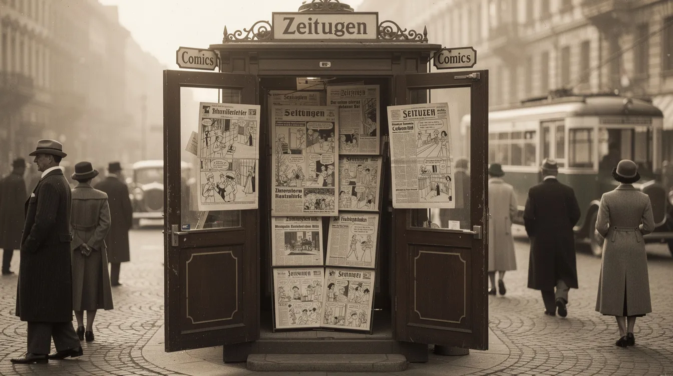 Ein historischer Zeitungskiosk aus den 1920er Jahren ist in einer belebten Straßenszene zu sehen, mit aufgefächerten Tageszeitungen und bunten Comicstrips, die die Vielfalt der damaligen Medieninhalte präsentieren. Der Kiosk spiegelt die Geschichte der Presse und die Vermarktung von Nachrichten und Comics in dieser Zeit wider.