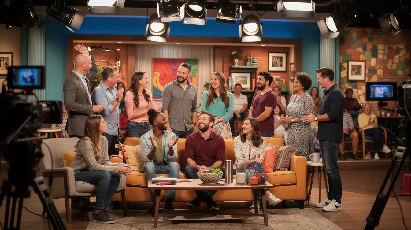 Auf der Sitcom-Bühne stehen eine Gruppe von Schauspielern, die in einem hell erleuchteten Studio mit einem Sofa-Set und einem Publikum im Hintergrund agieren. Die Darsteller verkörpern verschiedene Charaktere, während die Studiobeleuchtung eine lebendige Atmosphäre schafft.