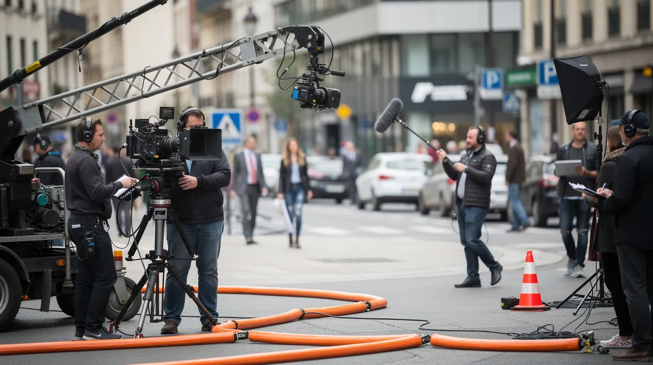 Ein Filmteam dreht Szenen auf einer belebten Straße, wobei ein Kamerakran im Vordergrund sichtbar ist und Statisten im Hintergrund in einer urbanen Kulisse agieren. Diese Szenerie könnte Teil eines Dramas sein, das mit dem Boxsport und Charakteren wie Rocky Balboa und Apollo Creed zu tun hat.