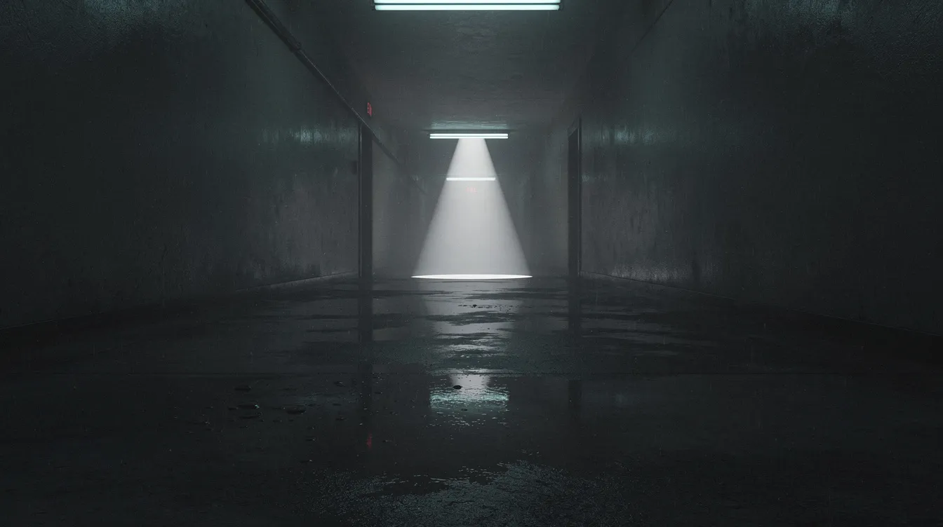 Ein langer, dunkler Korridor mit einem einzelnen Lichtkegel am Ende, dessen nasser Boden die schwachen Neonröhren an der Decke reflektiert. Diese düstere Atmosphäre könnte aus einer Episode von "The X-Files" stammen, in der Mulder und Scully auf der Suche nach der Wahrheit über eine Regierungsverschwörung sind.