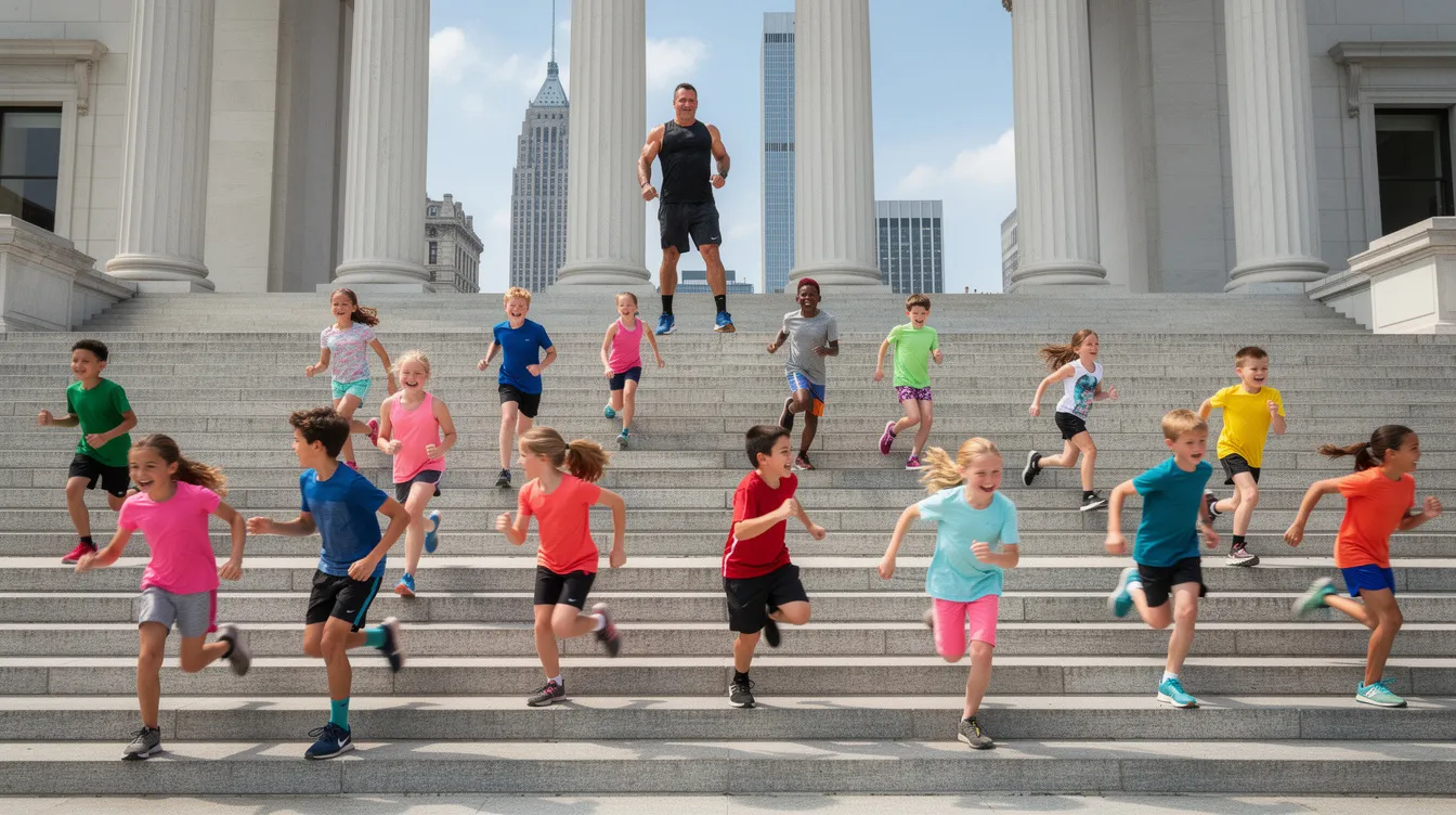 Auf einer großen Treppe eines Museumsgebäudes in Philadelphia rennen viele Kinder, während ein Mann an der Spitze voranschreitet. Im Hintergrund ist die beeindruckende Stadtkulisse zu sehen, die an den Geist des Films "Rocky" erinnert, in dem der Underdog Rocky Balboa gegen alle Widrigkeiten kämpft.