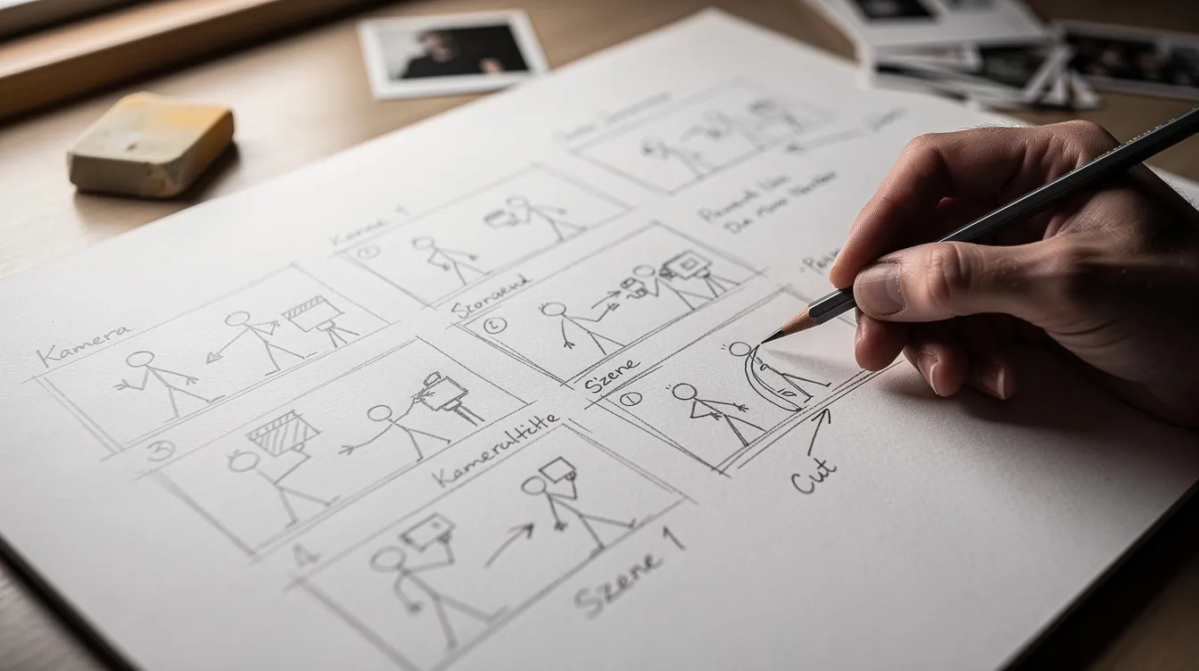 Eine Nahaufnahme zeigt die Hand eines Regisseurs, der mit einem Bleistift Storyboard-Panels auf einem großen Zeichenblock skizziert. Die Skizzen sind detailliert und scheinen die Eröffnungsszenen einer neuen Episode einer Drama-Serie darzustellen.