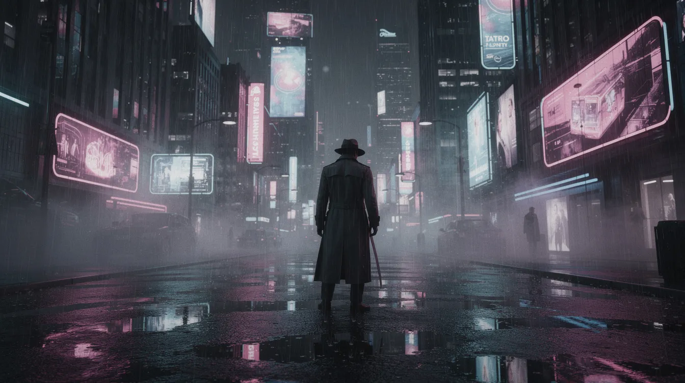 Die düstere, neonbeleuchtete Großstadt bei Nacht zeigt eine einsame Figur im Trenchcoat, die durch den Regen geht. Die Spiegelungen auf dem nassen Asphalt verstärken die geheimnisvolle Atmosphäre, während die Szene Elemente des transmedialen Storytellings in einem urbanen Umfeld einfängt.