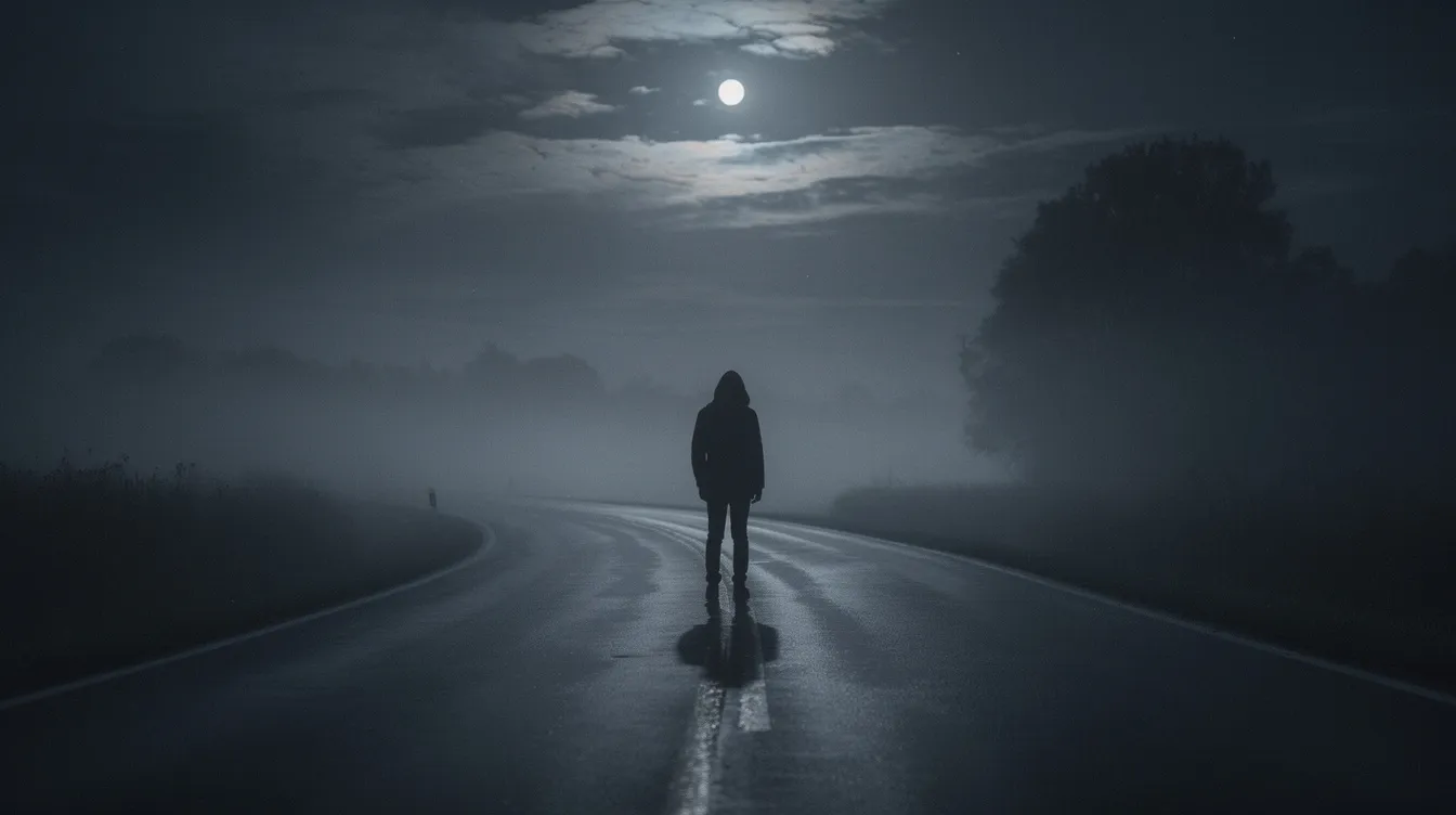 Ein einsamer Teenager steht auf einer leeren, kurvigen Landstraße, umgeben von dichtem Nebel und schwachem Mondlicht, was eine düstere und geheimnisvolle Atmosphäre schafft. Diese Szene erinnert an den Kultfilm "Donnie Darko", in dem das Ende der Welt und mysteriöse Visionen thematisiert werden.