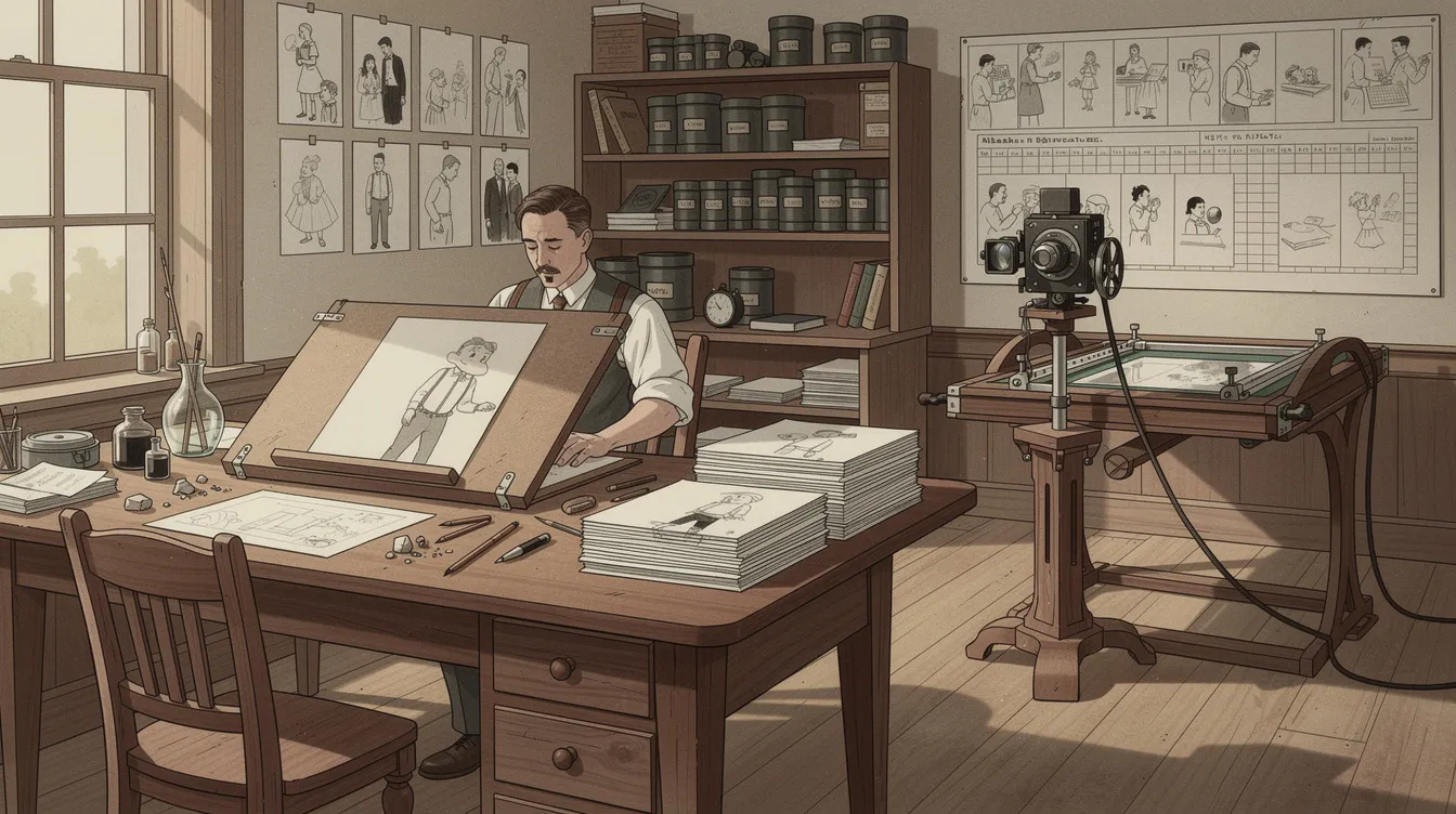 Die Illustration zeigt ein frühes Animationsstudio aus dem Jahr 1910, ausgestattet mit einem Zeichentisch, einer Einzelbildkamera und gestapelten Zeichnungen, die den kreativen Prozess hinter klassischen Zeichentrickfilmen und Stop Motion Animationsfilmen verdeutlichen. Diese Szenerie spiegelt die Anfänge der Animation wider, die Generationen von Zuschauern in das Kino und die Welt der Animationsabenteuer entführt haben.