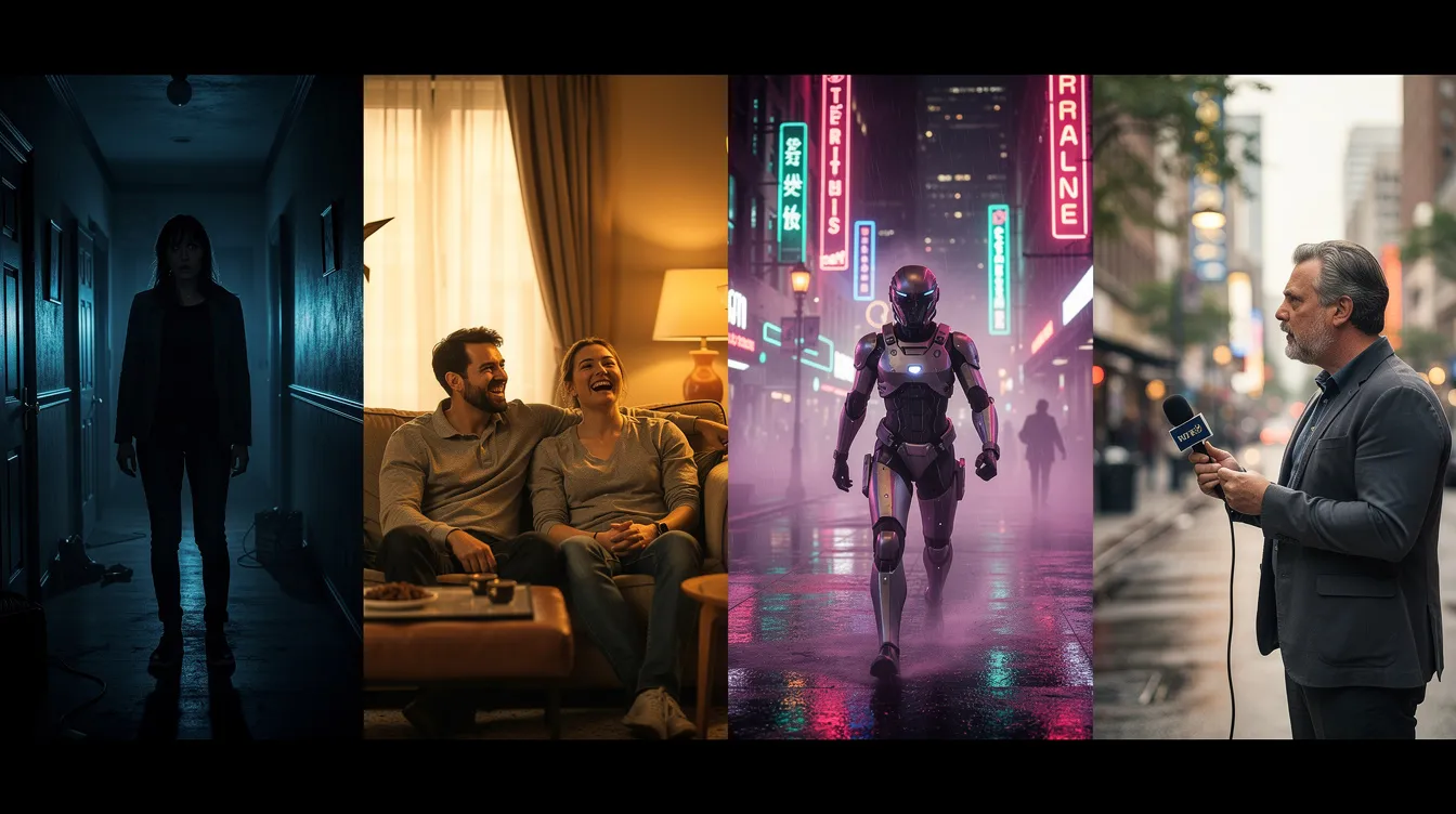 Das Bild zeigt vier Filmszenen nebeneinander: links eine düstere Horrorszene mit blauem Unterlicht, daneben eine warmbeleuchtete Komödienszene, gefolgt von einer neonbeleuchteten Science-Fiction-Szene und schließlich eine natürlich beleuchtete Dokumentarszene, die die Vielfalt der Lichtquellen und -techniken in der Filmbeleuchtung verdeutlicht. Jede Szene repräsentiert eine andere Kategorie des Films, wobei die Lichtqualität und Ausleuchtung der jeweiligen Stimmung dient.