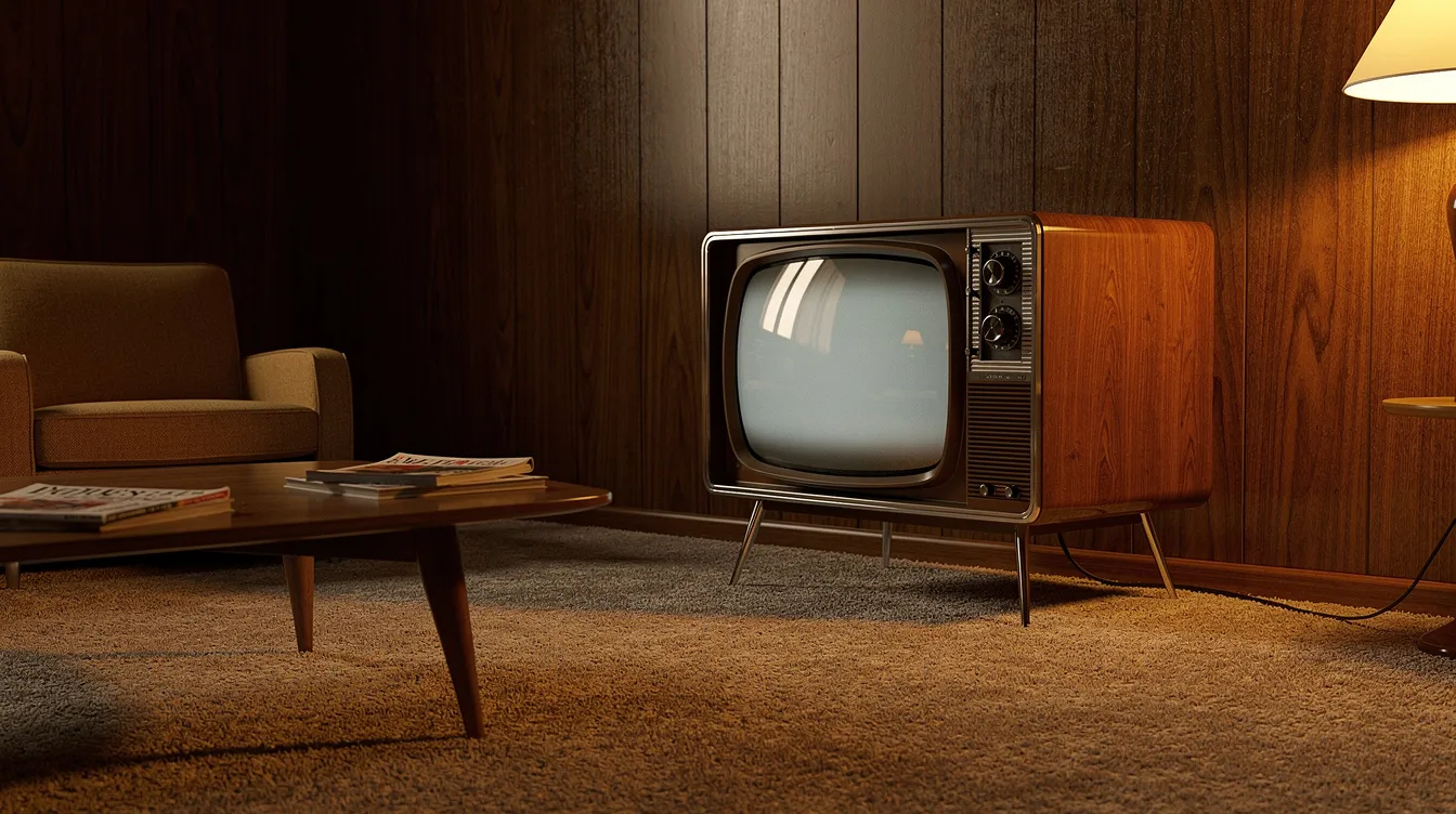 Ein altes Fernsehgerät aus den 1960er Jahren steht in einem gemütlichen Wohnzimmer mit Holzvertäfelung und einem weichen Teppichboden. Die Einrichtung erinnert an die Zeit der klassischen Fernsehsendungen und der ersten Episoden von beliebten Sitcoms.