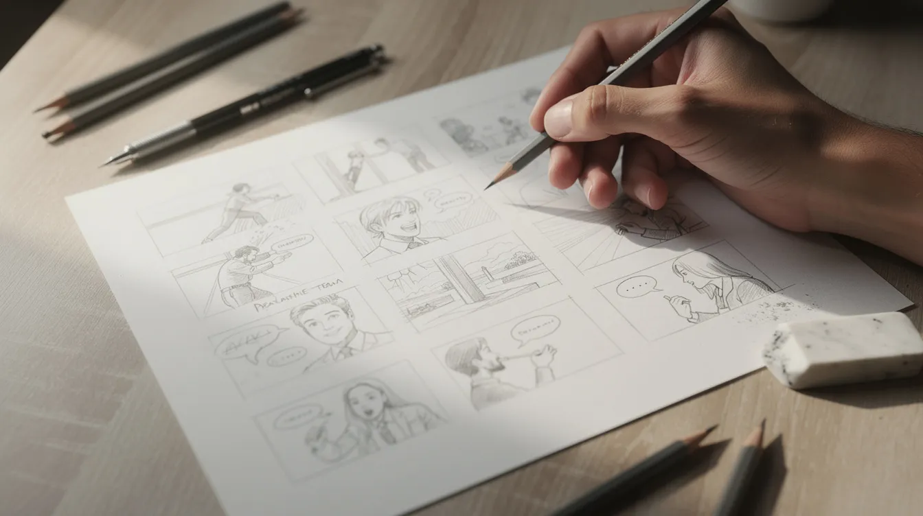 Eine Hand zeichnet ein Storyboard auf Papier, das mehrere kleine Bildkästen zeigt, die verschiedene Filmszenen skizzieren. Neben dem Papier liegen Stifte und ein Radiergummi, was auf den kreativen Arbeitsablauf bei der Erstellung von Inhalten hinweist.