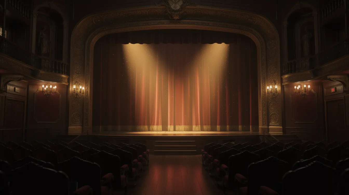 Die historische Theaterbühne zeigt einen roten Vorhang, der die Bühne umrahmt, während Scheinwerferlicht auf die leeren Sitzreihen fällt. Diese Szenerie könnte den Beginn eines neuen Aktes darstellen, in dem die Protagonisten bereit sind, ihre Geschichte zu erzählen.