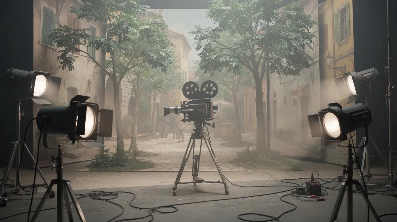 Das Bild zeigt ein historisches Filmset, das mit künstlichen Bäumen und bemalten Hintergründen dekoriert ist. Im Vordergrund stehen mehrere Scheinwerfer und eine altmodische Filmkamera auf einem Stativ, die an die zauberhafte Welt von "Der Zauberer von Oz" erinnern.