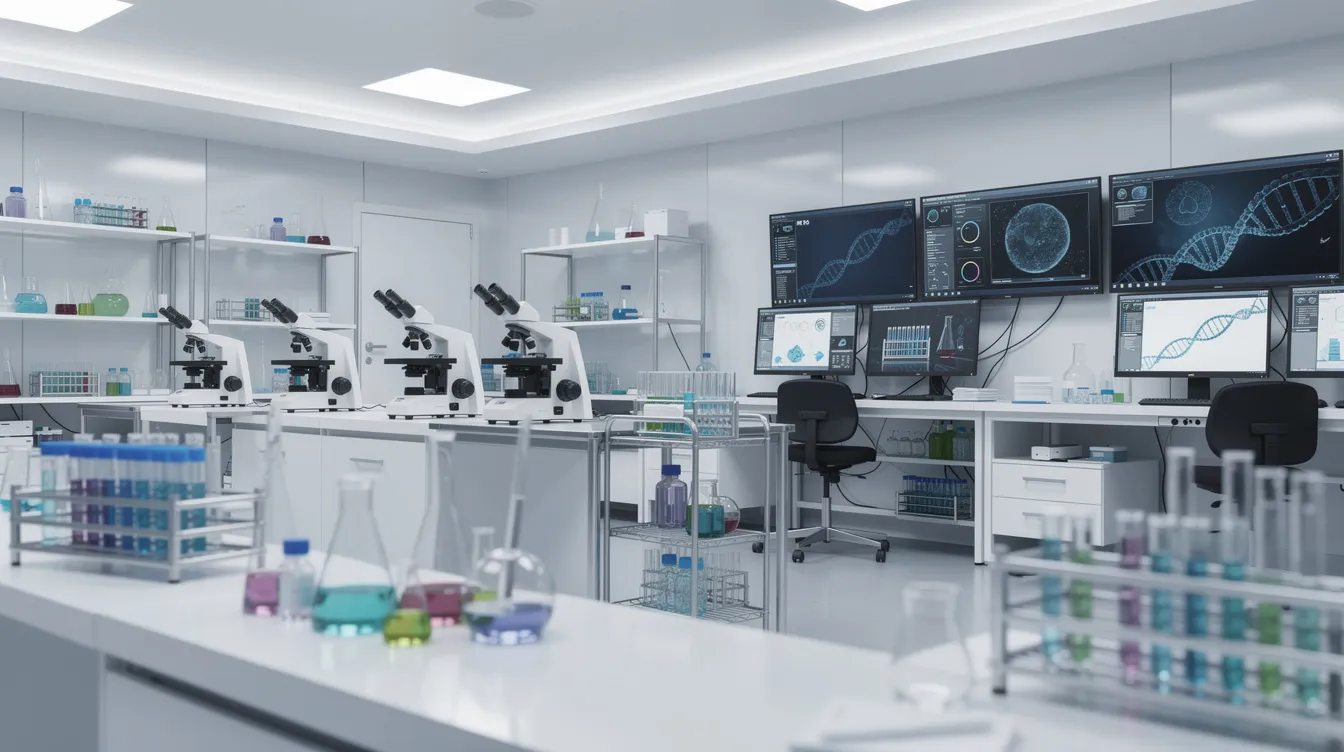 Das Bild zeigt ein modernes forensisches Labor mit Mikroskopen, Computern und Glasgefäßen, alles unter heller Beleuchtung. Diese Einrichtung erinnert an die Szenen in Krimiserien, in denen Polizeibeamte und Ermittler die neuesten Technologien zur Lösung von Verbrechen nutzen.