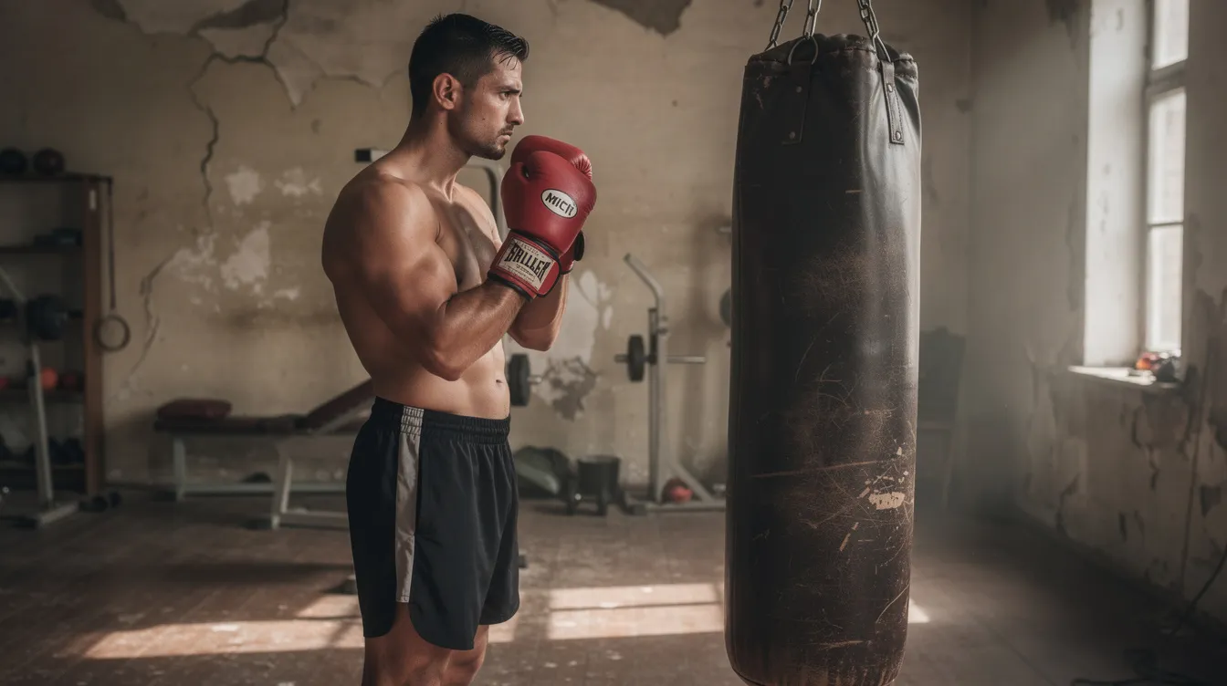 Ein muskulöser Mann mit dunklen Haaren und Boxhandschuhen steht nachdenklich an einem Boxsack in einem alten Trainingsraum, während seitliches Fensterlicht den Raum beleuchtet. Diese Szene erinnert an den Boxsport und das Drama aus "Rocky III", in dem Sylvester Stallone als Rocky Balboa gegen den Herausforderer Clubber Lang kämpft.