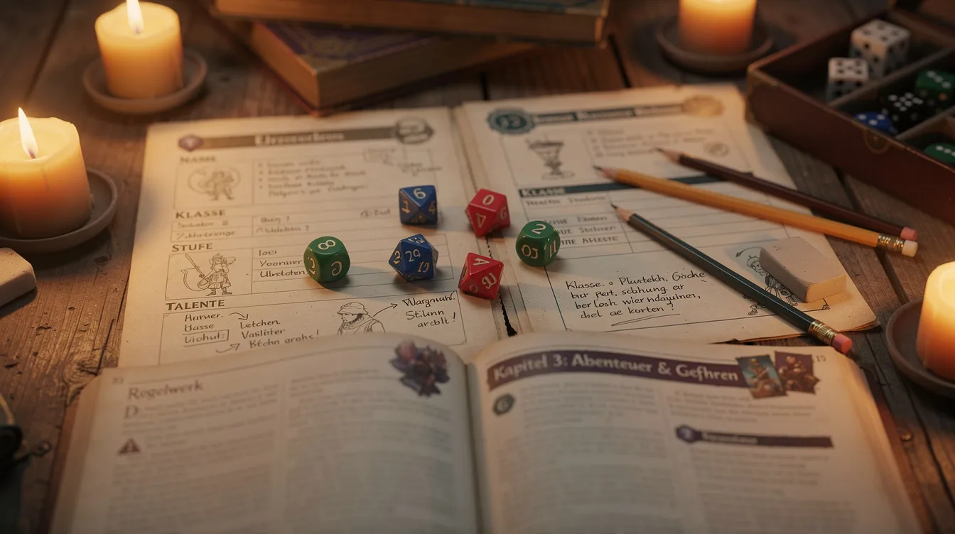 Auf dem Holztisch liegt ein aufgeschlagenes Regelwerk für ein Tischrollenspiel, umgeben von Charakterbögen und Würfeln. Kerzen sorgen für eine gemütliche Atmosphäre, während die Spieler sich auf ihre Abenteuer in der Welt der Monster und Geheimnisse vorbereiten.