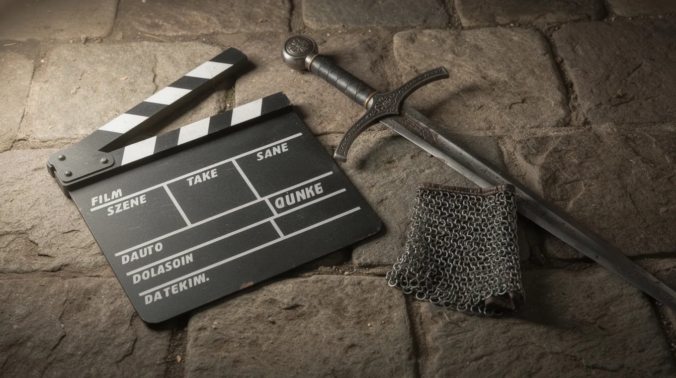 Auf einem Steinboden liegt eine Filmklappe neben einem mittelalterlichen Schwert und einem Kettenhemd-Handschuh, die an die Komödie "Die Ritter der Kokosnuss" erinnert. Diese Szene könnte aus einem Set stammen, das die Suche nach dem Heiligen Gral im Königreich von König Artus darstellt.