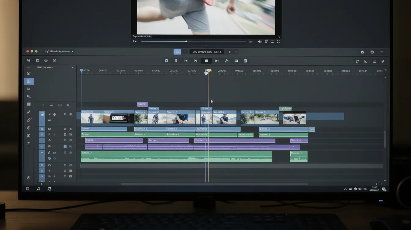 Auf dem Computerbildschirm ist eine Filmschnitttimeline zu sehen, die mehrere Videospuren und markierte Szenenabschnitte zeigt, die den Schnitt eines Recaps darstellen. Diese Übersicht ermöglicht es den Zuschauern, die Handlung und die verschiedenen Einstellungen des Videos zu verfolgen.