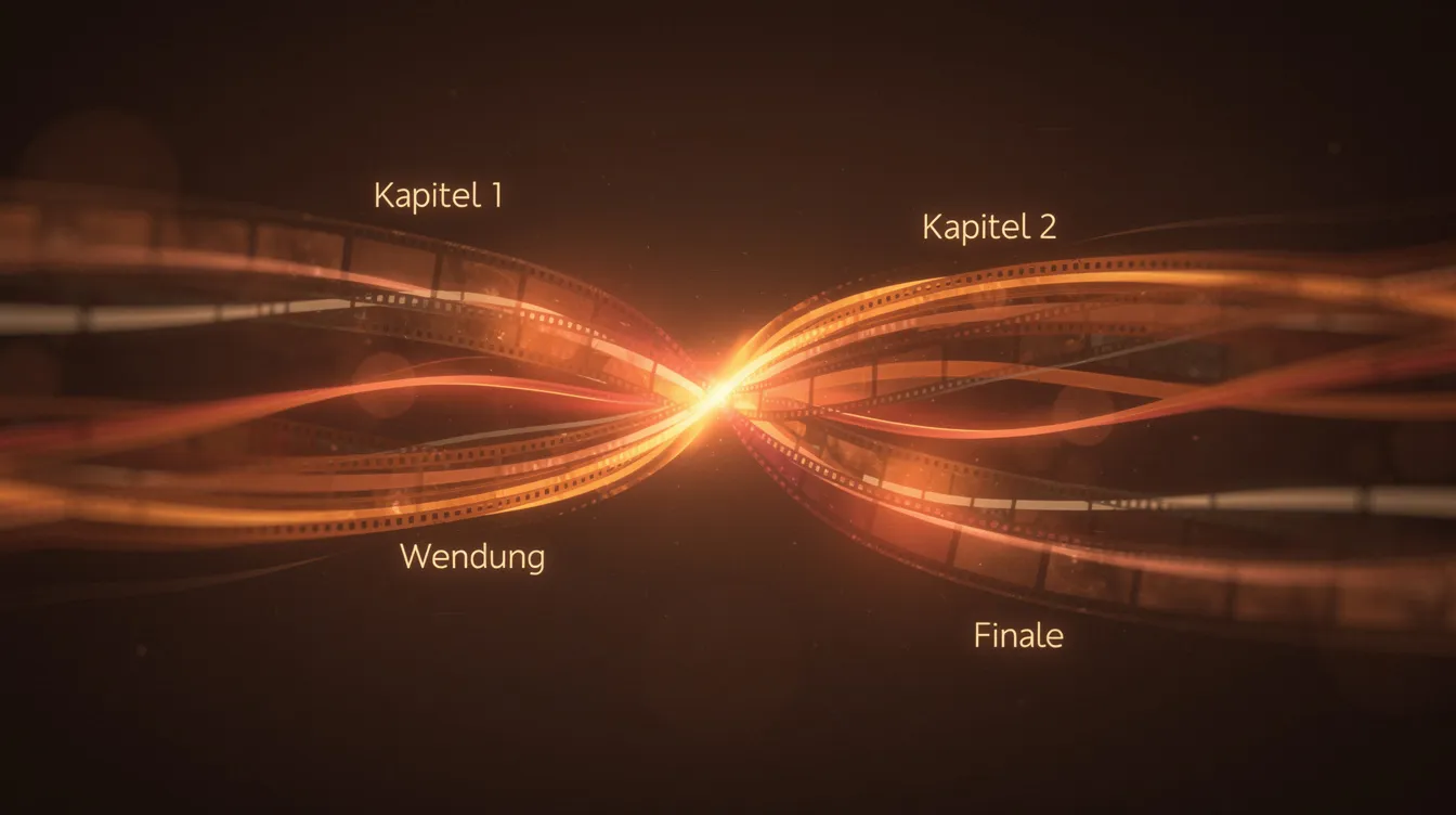 Die Darstellung einer abstrakten Filmzeitleiste zeigt mehrere parallele Erzählstränge, die sich an einem Punkt kreuzen und verändern. Die warmen Farbtöne verleihen der kinematografischen Komposition eine einladende Atmosphäre, während die verschiedenen Narrative und deren Kontinuität in der Geschichte miteinander verwoben sind.