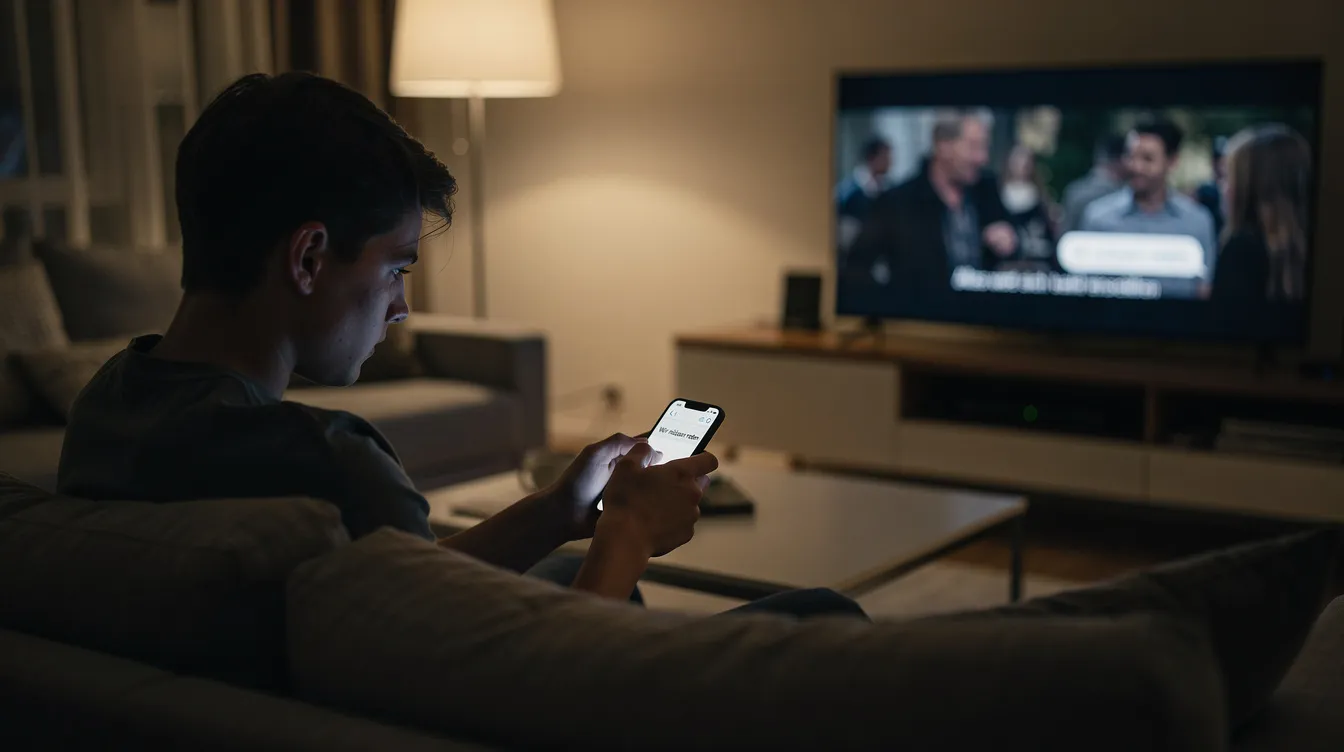 Eine junge Person sitzt nervös auf einem Sofa und schaut auf ihr Smartphone, während im Hintergrund ein Film auf dem Fernseher läuft. Das gedämpfte Licht schafft eine entspannte Atmosphäre, die durch die Parallelnutzung von Geräten und die Nutzung von sozialen Medien verstärkt wird.
