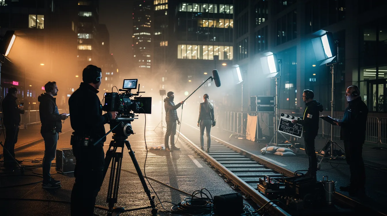 Das Bild zeigt ein Filmset bei Nacht in einer urbanen Umgebung, beleuchtet von Scheinwerfern, während Crewmitglieder mit Kameraausrüstung beschäftigt sind. Die Atmosphäre erinnert an die düstere Welt von "Terminator", mit Anklängen an die Filme von James Cameron und der ikonischen Figur Sarah Connor.