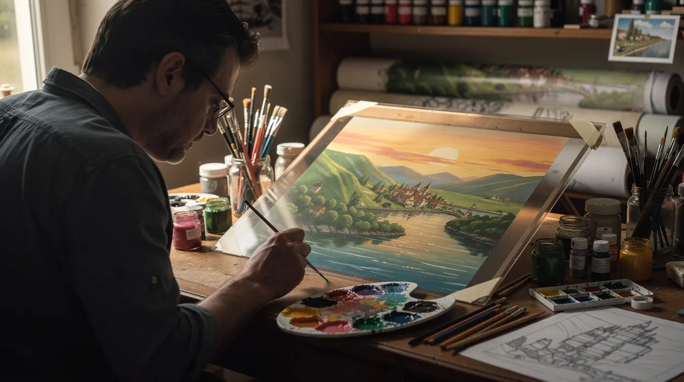 Ein Animator sitzt an einem Zeichentisch und malt mit Pinsel und Farben eine handgemalte Landschaftsszene auf einer transparenten Zeichenfolie. Die kreative Atmosphäre erinnert an die Werke von Hayao Miyazaki, insbesondere an "Mein Nachbar Totoro", während der Animator in der Nähe seines Studios an einem neuen Projekt arbeitet.