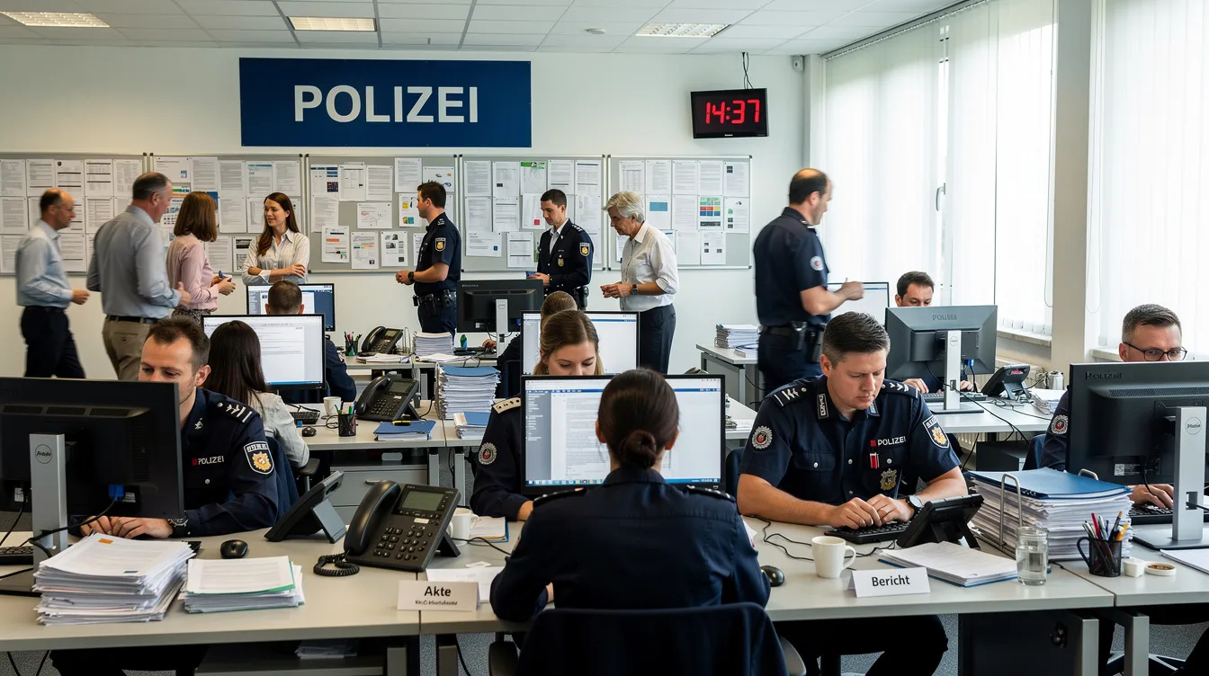 Das Bild zeigt ein geschäftiges Großraumbüro einer Polizeistation mit zahlreichen Schreibtischen, Telefonen und sowohl uniformierten als auch zivilgekleideten Personen, die miteinander kommunizieren und an ihren Aufgaben arbeiten. Diese Szene spiegelt das hektische Leben und die Dynamik wider, die oft in Polizeiserien des Genres "Police Procedural" dargestellt werden.