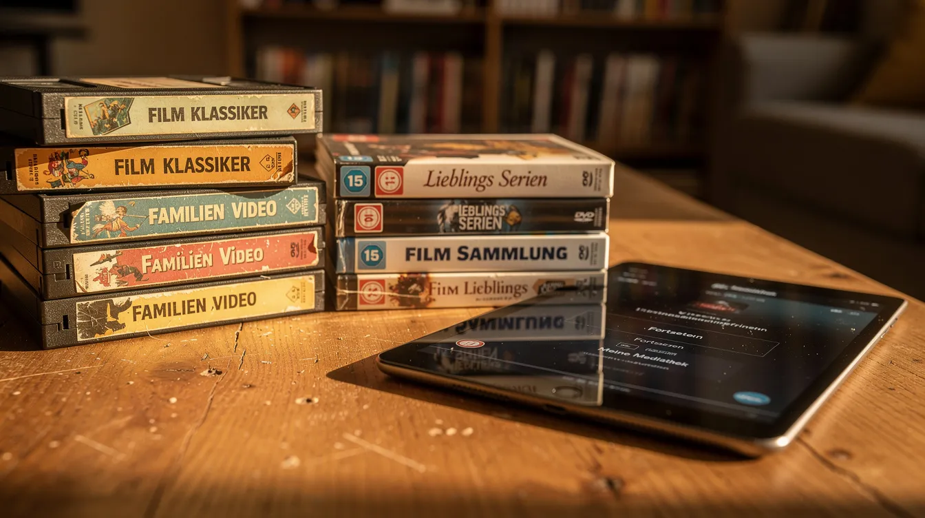 Das Bild zeigt eine nostalgische Szene mit VHS-Kassetten, DVD-Boxsets und einem modernen Tablet auf einem Holztisch, die den Wandel der Medientechnologie verdeutlicht. Diese Anordnung spiegelt die Entwicklung des Serienkonsums wider, von klassischen Formaten bis hin zu aktuellen Streamingdiensten, die Binge-Watching und Video on Demand anbieten.