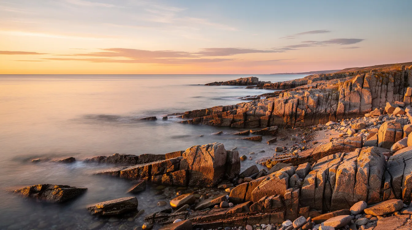 Das Bild zeigt ein ruhiges Meer bei Sonnenuntergang an einer felsigen Küste, das von warmem goldenem Licht erleuchtet wird. Die stille Atmosphäre und der weite Horizont laden zum Nachdenken über das Leben und die Geschichte von Ramón Sampedro ein, wie sie in dem Film "Mar Adentro" erzählt wird.