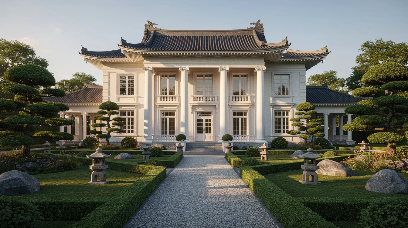 Das Bild zeigt ein prächtiges Herrenhaus aus der Kolonialzeit, das westliche Säulen mit japanischen Dachelementen vereint. Umgeben von einem formalen Garten mit kunstvoll gestutzten Bäumen, vermittelt die Szenerie eine harmonische Verbindung zwischen verschiedenen Kulturen, die an den Film "The Handmaiden" erinnert.