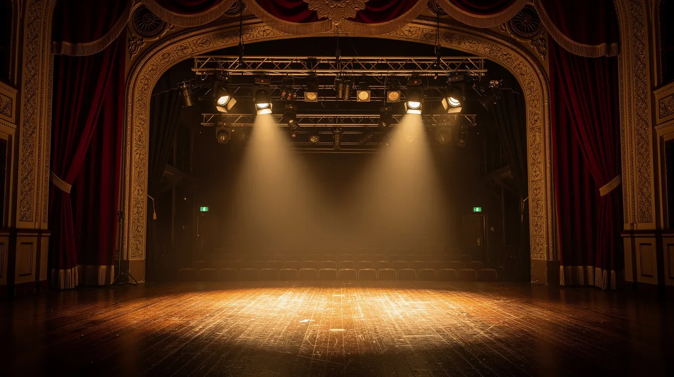 Die historische Theaterbühne zeigt einen leeren Holzboden, auf den mehrere Scheinwerfer warmes Licht werfen. Die Szene strahlt eine Atmosphäre von Drama und Kultur aus, die an die großen Geschichten und Recherchen erinnert, die oft in Artikeln des Boston Globe behandelt werden.