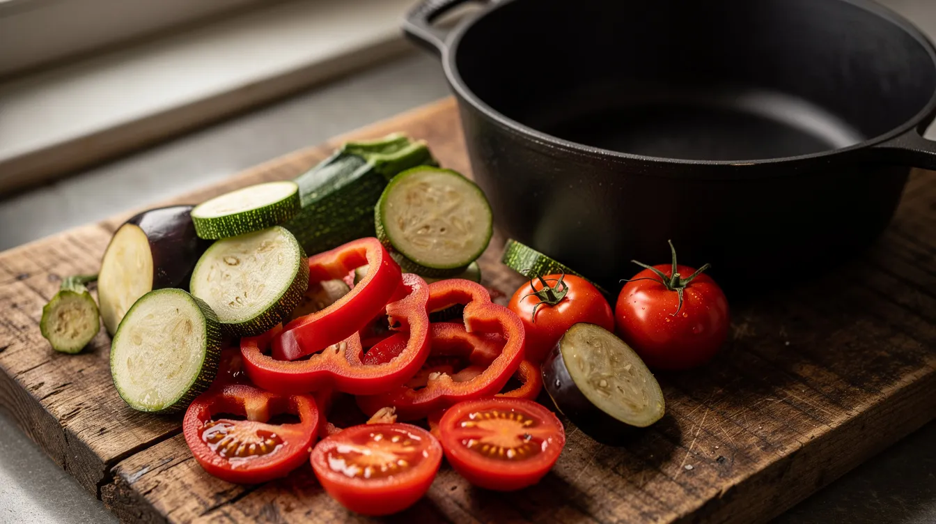 Die Nahaufnahme zeigt frisch geschnittene Auberginen, Zucchini, rote Paprikaschoten und Tomaten auf einem Holzbrett, die bereit sind für die Zubereitung eines klassischen Ratatouille-Gerichts. Neben den bunten Gemüsestücken steht ein Gusseisentopf, der die Vorfreude auf das Kochen in der Küche steigert.