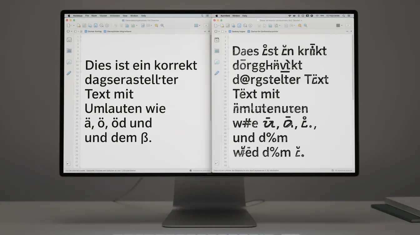 Auf dem Computerbildschirm sind zwei Textfenster nebeneinander zu sehen. Das linke Fenster zeigt einen korrekt formatierten Text, während das rechte Fenster verstümmelte Sonderzeichen anzeigt, die auf ein Problem mit der Zeichenkodierung hinweisen, möglicherweise im Zusammenhang mit UTF-8 oder ISO 8859.
