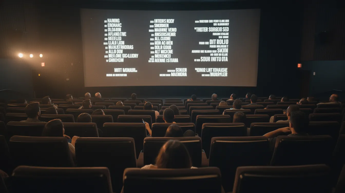 Im Kinosaal, aus der Perspektive der hinteren Reihen, sind vereinzelte Zuschauer in ihren Sesseln zu sehen, während auf der Leinwand der Abspann eines Films mit warmem Licht läuft. Die Atmosphäre vermittelt ein Gefühl von Abschluss und Gemeinschaft, während die Zuschauer die letzten Informationen des Films verarbeiten.