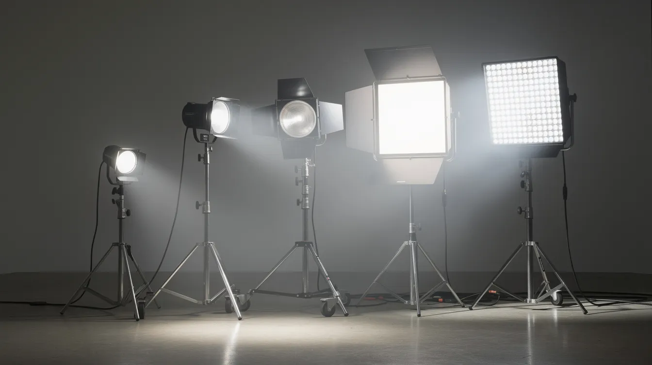 Vier verschiedene Filmscheinwerfer stehen nebeneinander auf Stativen in einem Studio, von einem kleinen Spot bis zu einem großen Flächenlicht, alle eingeschaltet und strahlen unterschiedliche Lichtquellen aus, die die Innenräume des Sets beleuchten. Die Scheinwerfer zeigen eine Vielfalt an Lichtqualität und Helligkeit, die für die Filmbeleuchtung und Ausleuchtung entscheidend sind.