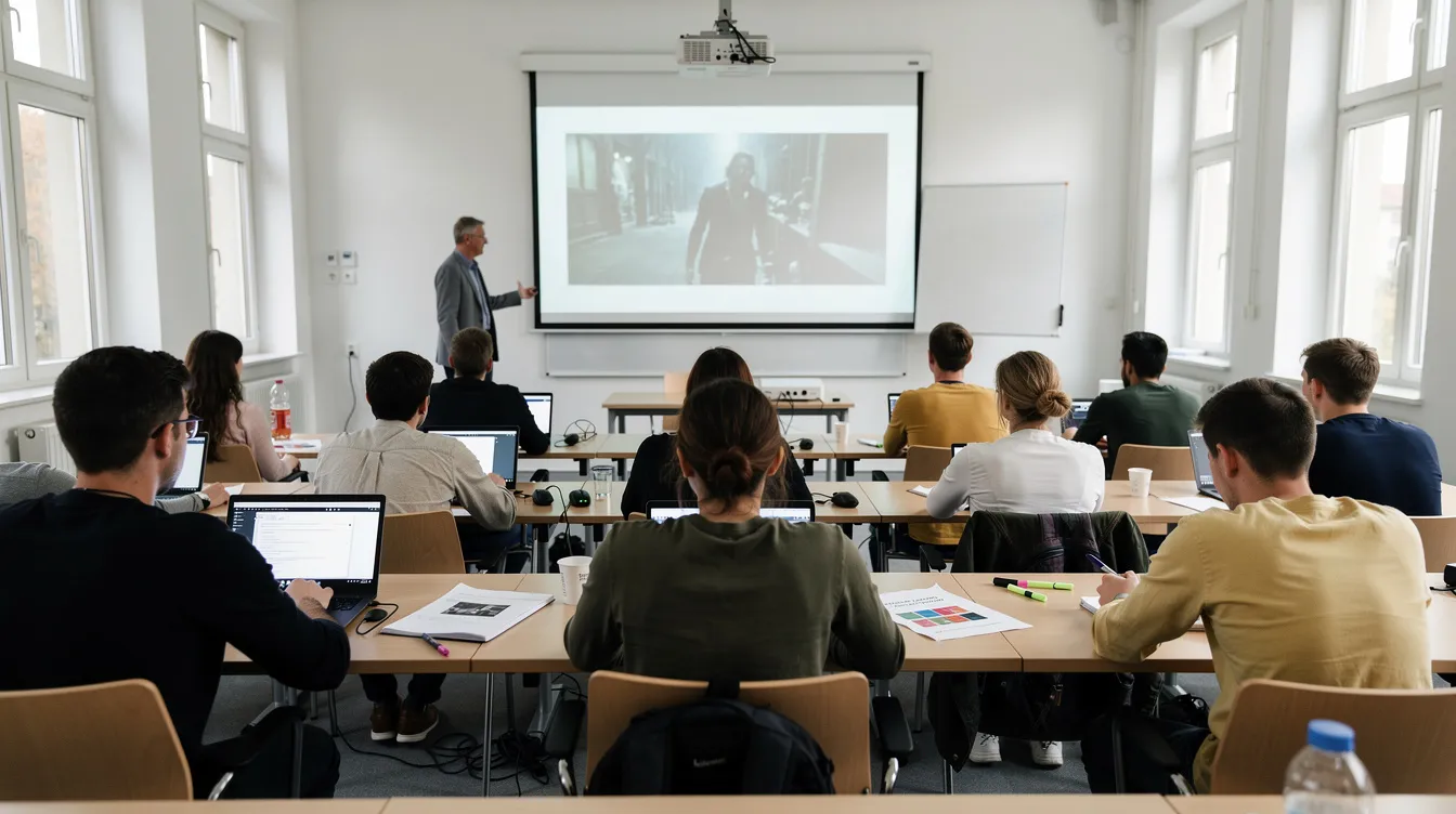 In einem Hochschul-Seminarraum sitzen Studierende mit Laptops und Notizbüchern vor einer Beamer-Leinwand, auf der ein Filmstill zu sehen ist. Die Atmosphäre ist konzentriert, während die Studierenden sich auf die Präsentation vorbereiten und Notizen machen.