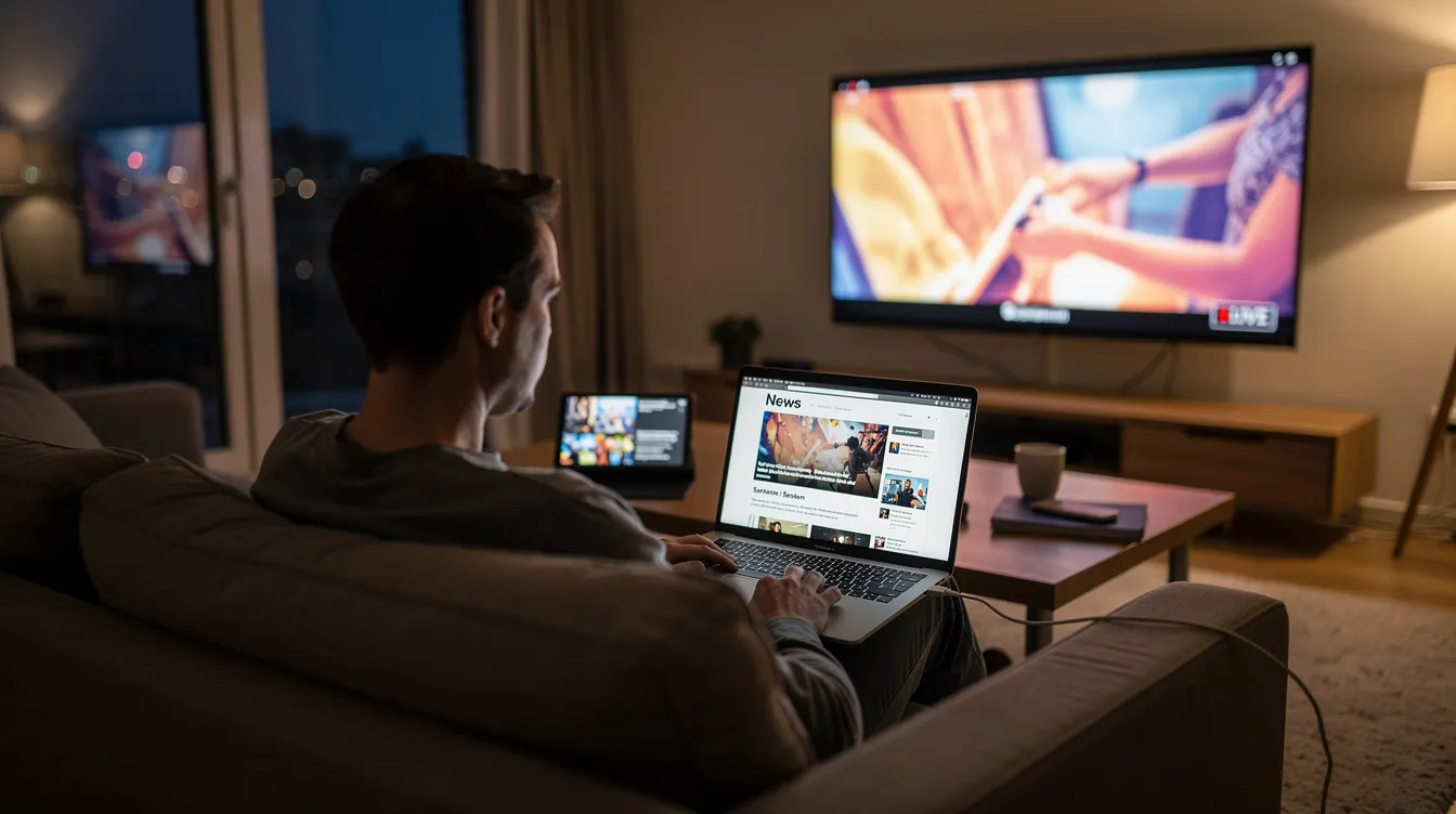 Eine Person sitzt an einem Tisch und betrachtet gleichzeitig Inhalte auf einem Laptop, einem Tablet und einem großen Fernseher. Diese Szene könnte die unterschiedlichen Viewing-Habits von TV-Zuschauern während der Sweeps-Woche widerspiegeln, wenn die Nielsen-Ratings besonders wichtig sind.