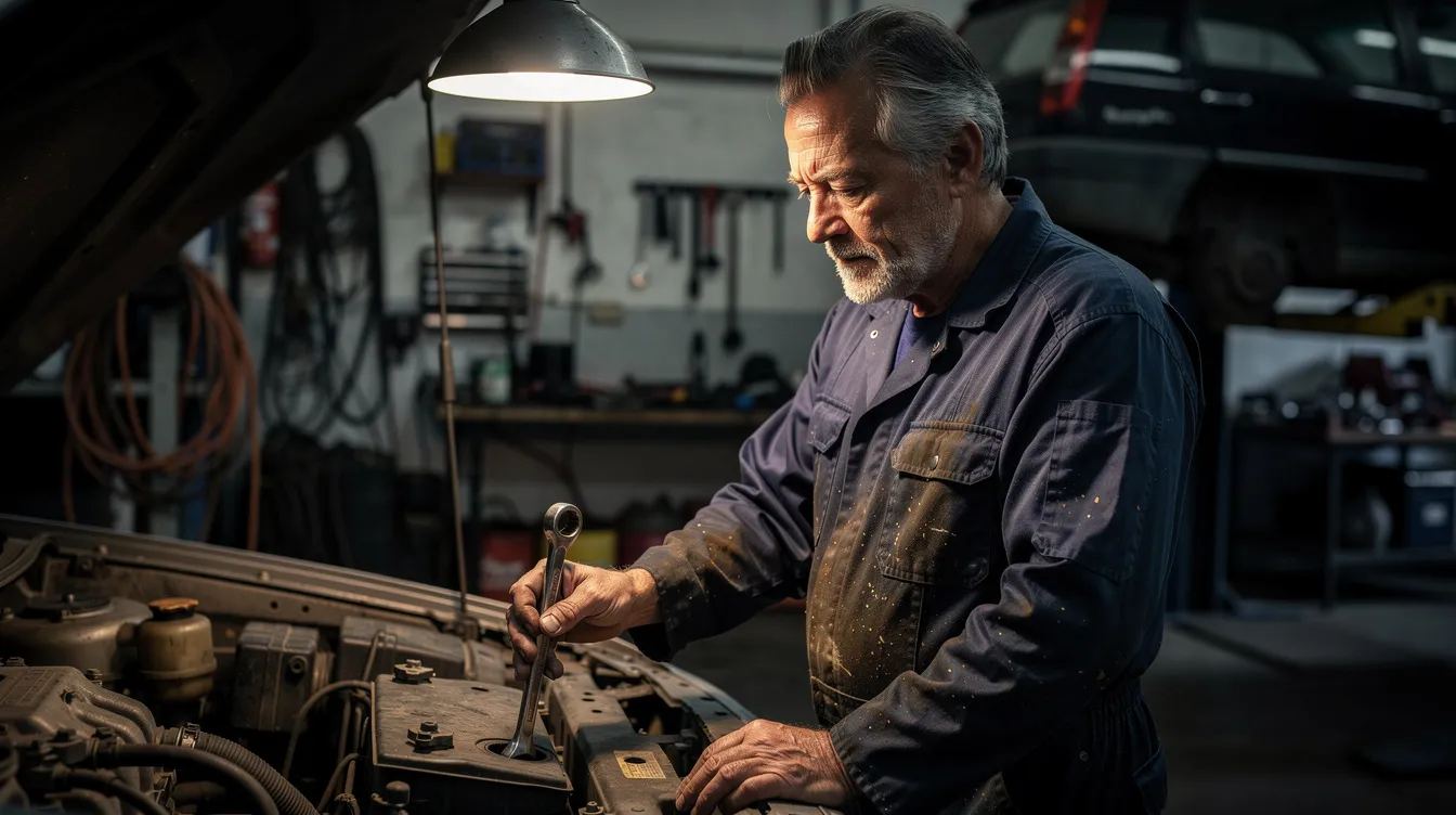 Ein älterer Mann steht in einer Autowerkstatt, halb im Schatten, und konzentriert sich auf seine Arbeit mit einem Werkzeug in der Hand. Die Szene vermittelt eine Atmosphäre von Hingabe und handwerklichem Können, während der Mann, ähnlich wie die Charaktere in "Der unsichtbare Gast", in einer wichtigen Aufgabe vertieft ist.