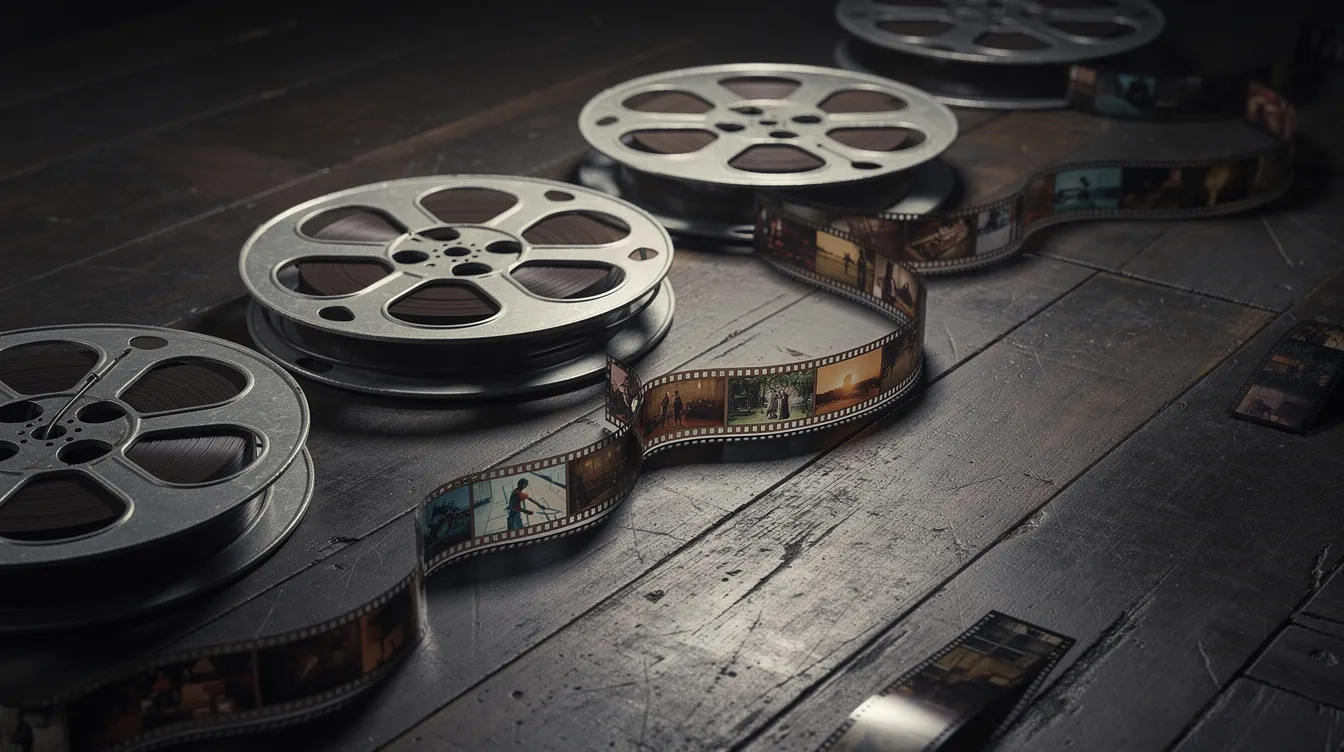 Auf einem dunklen Tisch sind mehrere Filmrollen und Filmstreifen angeordnet, die eine filmische Zeitlinie darstellen und an die spannende Handlung von "Die Bourne Identität" erinnern. Die Anordnung symbolisiert die Verknüpfung von Erinnerungen und Identität, ähnlich wie im Leben von Jason Bourne, dem Protagonisten des Thrillers.